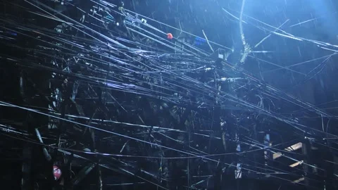 Heavy Rain Over Tangled Power Lines In Urban Manila Night Scene Stock Footage 332791508