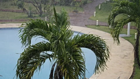 Heavy rain at a pool in a resort Vidéo 268590753