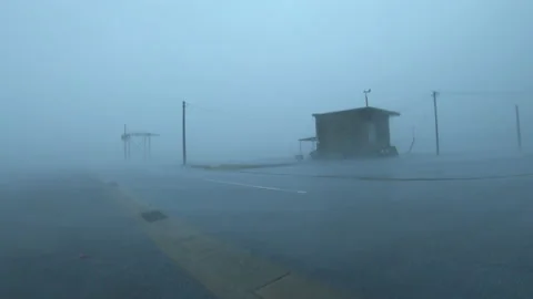 Heavy Rain Sweeps Across Port In Strong Hurricane Wind Stock Footage 139816620