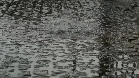 Heavy raindrops falling in slow motion on cobblestones Stock Footage 116394277