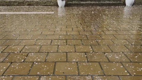 Heavy raindrops with hail fall on the paving slabs. Stock Footage 251198336