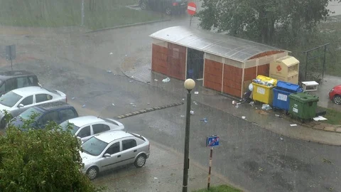 Heavy Rainfall During Thunderstorm Seen From City Flat Video stock 95013953