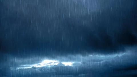 Heavy rainfall pouring against dark, dramatic storm clouds with a faint glo.. Stock Illustration