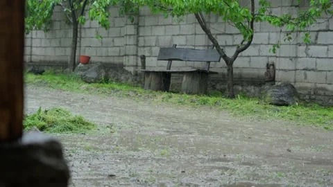 Heavy Rainfall in Rustic Backyard With Bench and Trees Vídeo Stock 341767935