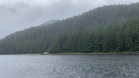 Heavy rainfall showers in the mountains hitting water in a bay, Roscoe Inlet Stock Footage 218404147