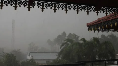 Heavy rainfall thunderstorm and wind blowing the trees heavily.  스톡 동영상 148406014