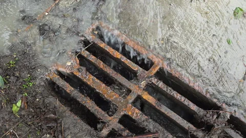 Heavy rainfall water runoff flowing into a rusty metal storm drain grate on a 스톡 동영상 329755633