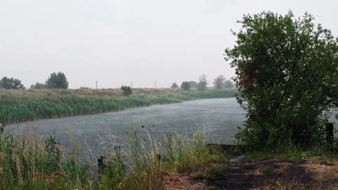 Heavy Rainstorm Downpour Falling on Lake Under Dark Sky Stock Footage 339590222