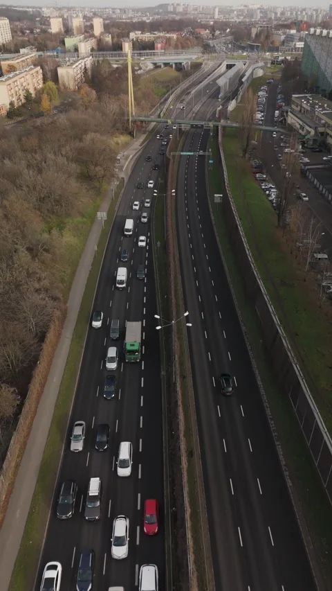 Heavy road traffic, drone view in vertical Stock Footage 296378049