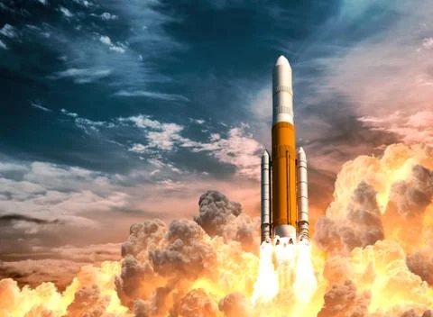 Heavy Rocket Launch On The Background Of Cloudy Sky Stock Illustration