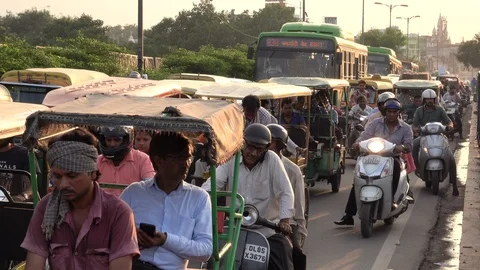 Heavy rush hour traffic on bridge in New Delhi, India Stock Footage 96313288
