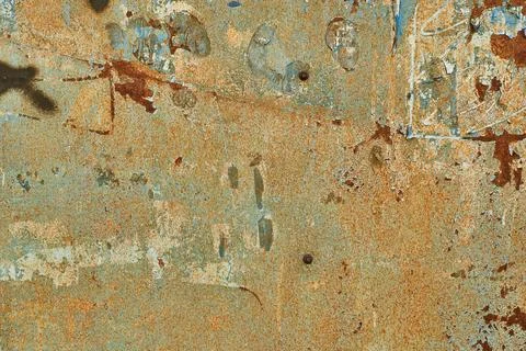 Heavy rust on blue metal sheet. Peeling paint iron plate background. Old ru.. Stock Photos