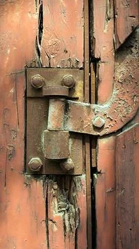 Heavy rusty metal hinge on old weathered wooden door. 스톡 사진