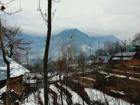 Heavy snow fall in Kashmir made whole valley white. Stock Photos