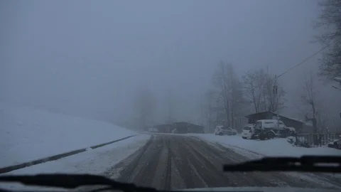 Heavy Snow Fall Road, View From Inside  Car, Bad Weather. Stock Footage 111744636