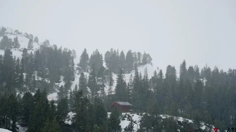 Heavy snow falling on mountain during winter season as people ski downhill Stock Footage 261763698