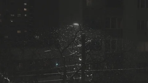 Heavy snow falling at night glitters near street lamp at the holidays Vidéo 118111659