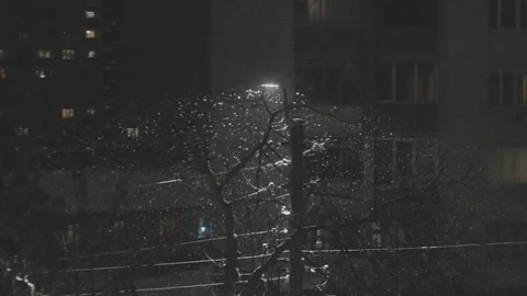 Heavy snow falling at night glitters near street lamp at the holidays Vidéo 118112077