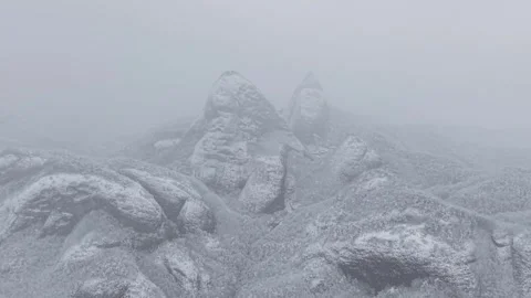Heavy Snow Falling Over Maiaksan Mountain in South Korea Aerial View Stock Footage 344247793