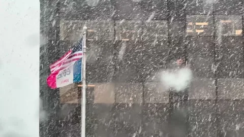 Heavy Snow - In front of an Office Building - State of Iowa Flag Stock Footage 235488143