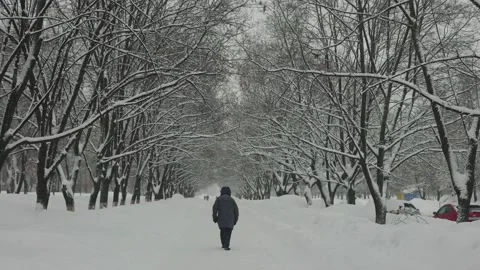 Heavy snowfall in the city. An elderly man walks along the city sidewalk. Stock Footage 171323596