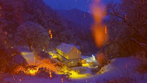 Heavy Snowfall Over a House in the Forest at Night, South Korea Stock Footage 330628050