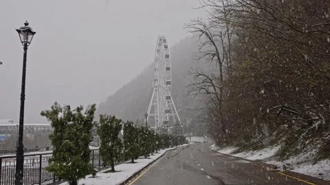 Heavy snowfall riverside ferris wheel, stormy promenade Stock-Footage 333334229