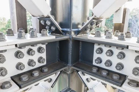 Heavy Steel Cross Beam Node with High Strength Bolted Connection in Modern Stock Photos