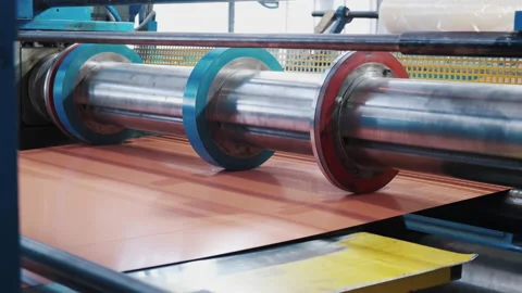 Heavy Steel Rollers of Manufacturing Machine Stretch Metal Sheet. Factory Stock Footage 211607911