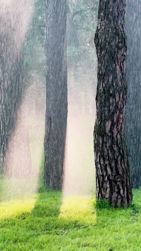 Heavy summer rain falling in the forest with sun shining Stock Footage 326071255
