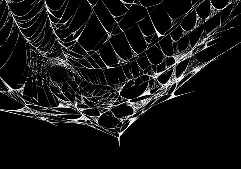 A heavy textured white spider web isolated on a black Stock Photos