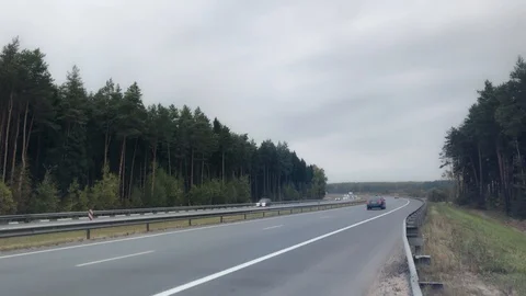 Heavy traffic on the freeway. Road goes beyond the horizon Pine forest TimeLapse Stock Footage 127097461