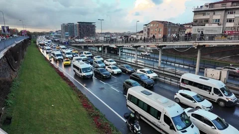 Heavy traffic jam on E5 highway during a rainy morning Stock Footage 321691388