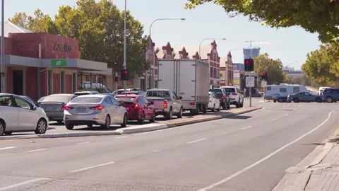 Heavy Traffic Queueing Along Adelaide City Street With Trucks And Cars, Ground Video stock 336064871