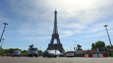 Heavy traffic with Road construction work in Paris near Pond d'lena bridge Stock Footage 91470110