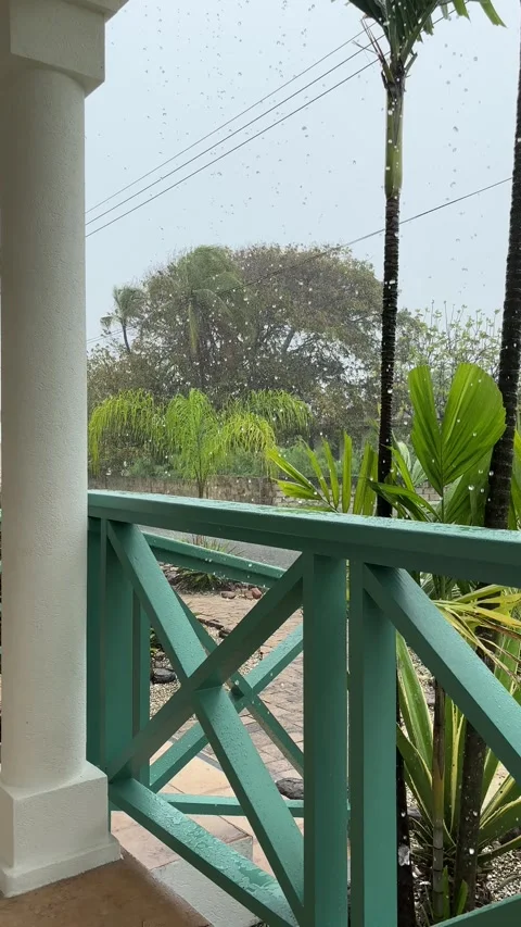 Heavy tropical rain from covered veranda, Barbados Caribbean Stock Footage 340654696