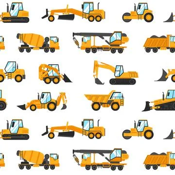 Heavy trucks pattern. Seamless print with construction vehicles and industrial Stock Illustration