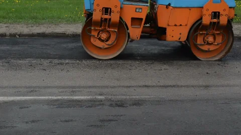 Heavy vibration roller machine asphalt press work Stock Footage 32850891