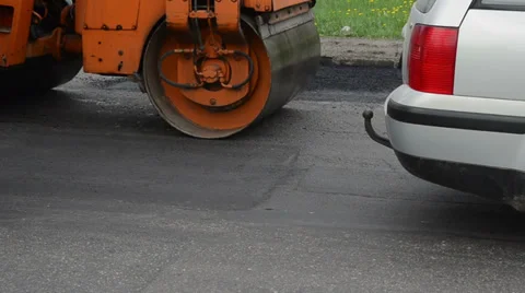 Heavy vibration roller machine asphalt press pavement works Stock Footage 33627283