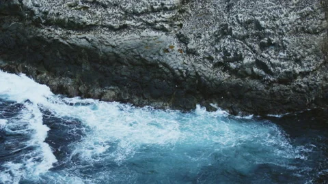 Heavy Waves and Seabirds on the Rocks in Slow Motion Stock Footage 134357662