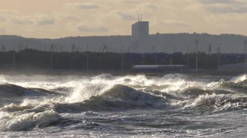 Heavy Waves on Baltic Sea During Stormy Weather Slow Motion, Gdansk Poland Stock Footage 139791087