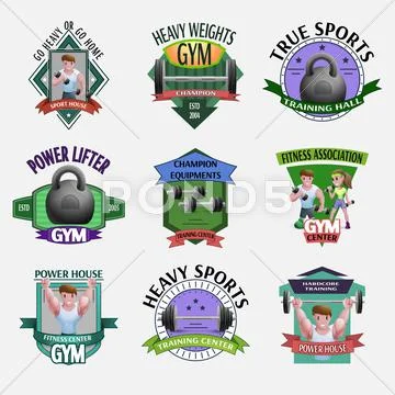 Heavy Weights Fitness Emblems Set Stock Illustration