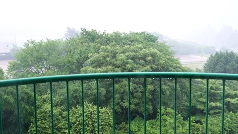Heavy wind and rain seen from the terrace, trees are shaking due to the win.. Stock Footage 325643593