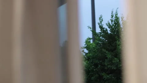 Heavy wind blowing window curtain, gloomy weather, cinematic,4k Stockbeeldmateriaal 250680002