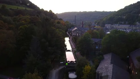 Hebden Bridge Canal by Drone Stock Footage 220958059