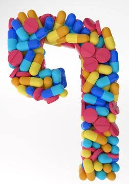 Hebrew Letter Pe soffit made of various colorful pills and tablets. 3d Stock Illustration