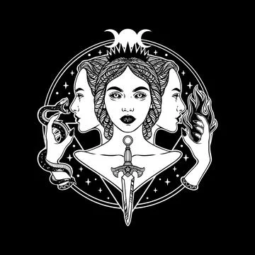 Hecate triple goddess with snake, fire, and dagger  occult tattoo design Illustrazione stock
