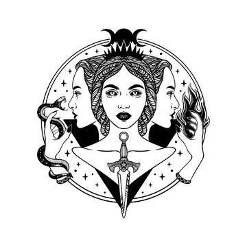 Hecate triple goddess with snake, fire, and dagger  occult tattoo design Stock Illustration