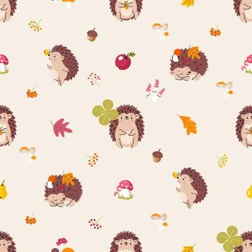 Hedgehog autumn seamless pattern. Fall hedgehogs, forest cartoon fabric print 스톡 일러스트