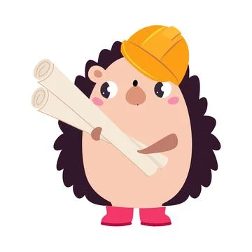 Hedgehog Builder Character in Hard Hat Holding Rolled Paper Draft Vector Illustrazione stock